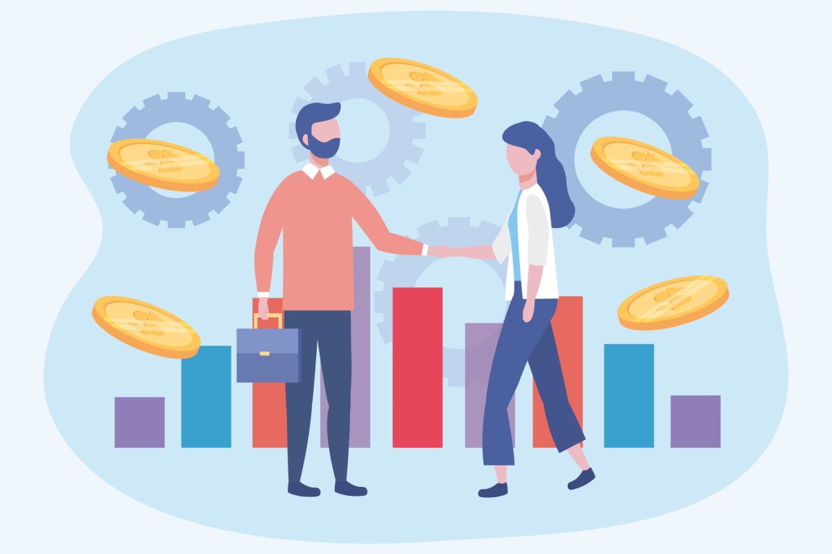 businessman and businesswoman with statistics bar and coins to teamwork strategy vector illustration